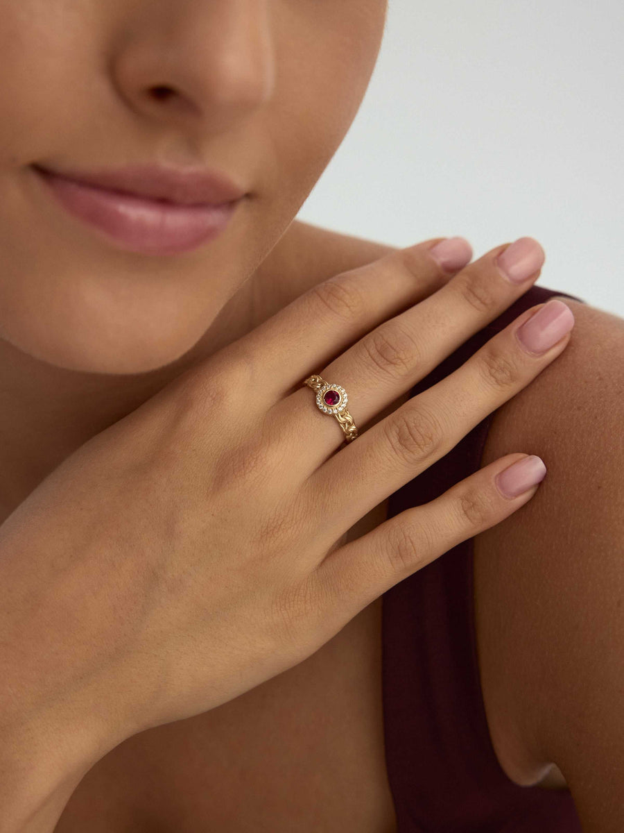 Chain Body Ruby-Inspired Stone Halo Ring in 14K Gold