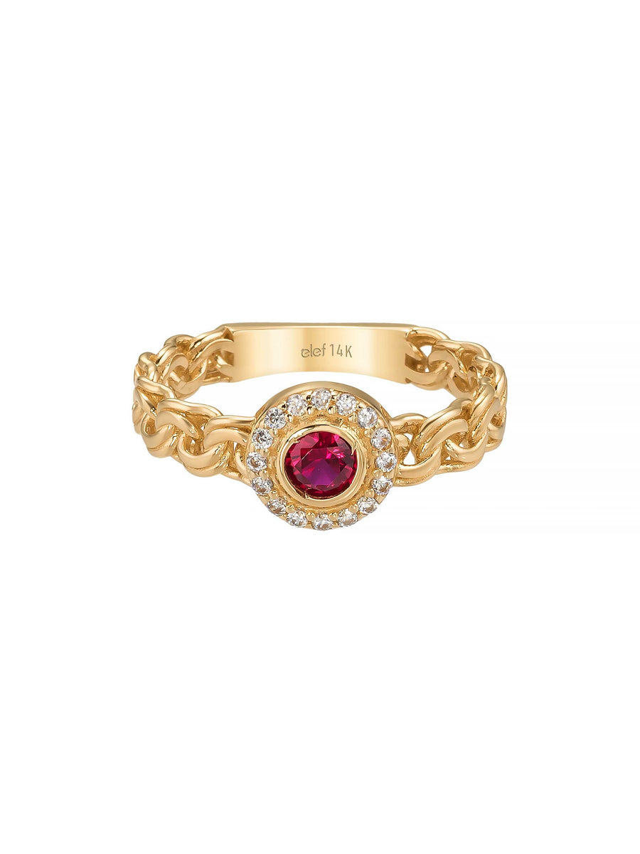 Chain Body Ruby-Inspired Stone Halo Ring in 14K Gold