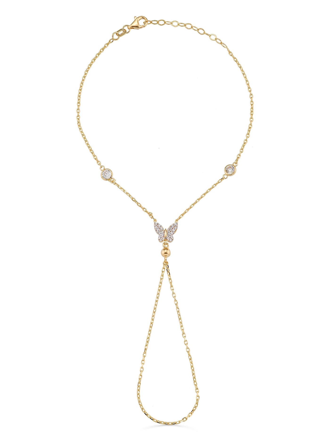 Zircon Butterfly With Stone Accents Hand Chain in 14K Gold by Elef Jewelry