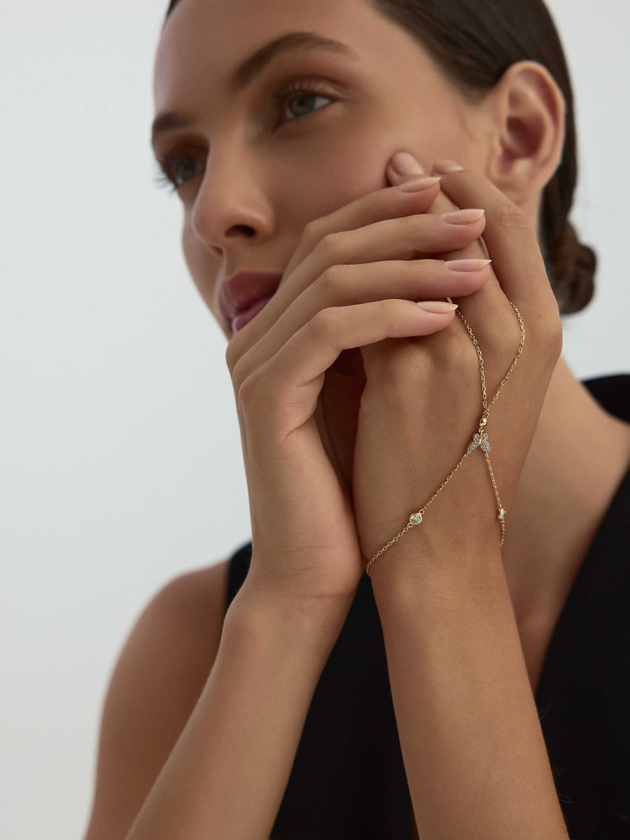 Zircon Butterfly With Stone Accents Hand Chain in 14K Gold