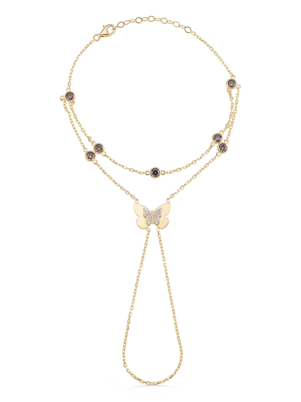 Zircon Butterfly With Stone Accents Double Row Hand Chain in 14K Gold by Elef Jewelry