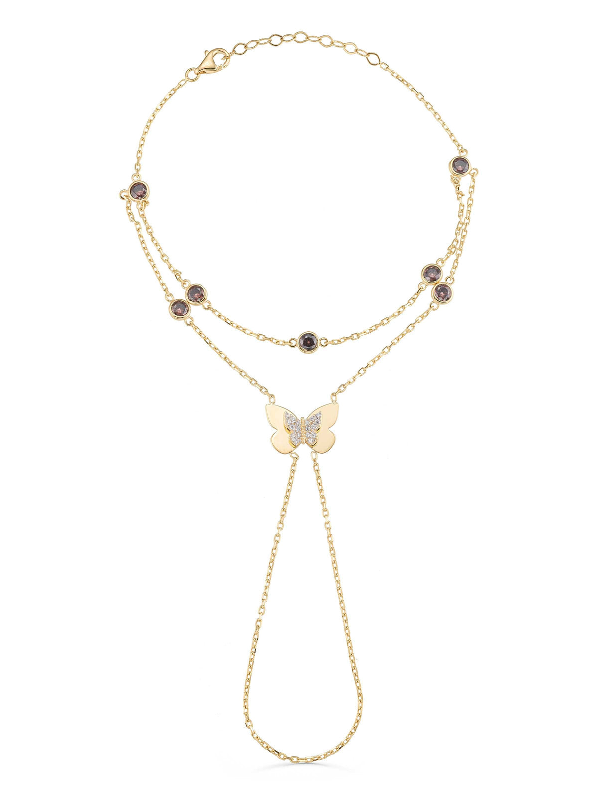 Zircon Butterfly With Stone Accents Double Row Hand Chain in 14K Gold by Elef Jewelry