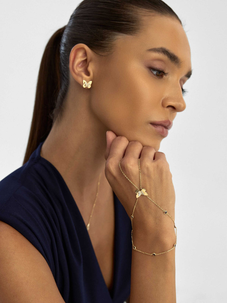 Zircon Butterfly With Stone Accents Double Row Hand Chain in 14K Gold