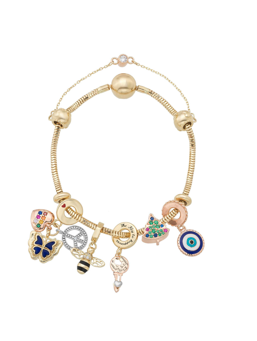 Zircon Stone & Chain Charm Safety Lock in 14K Gold