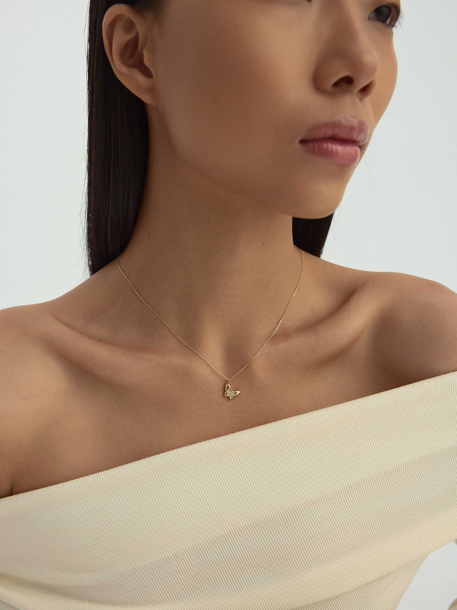 Ziron Butterfly Necklace With Stone Accents in 14K Gold
