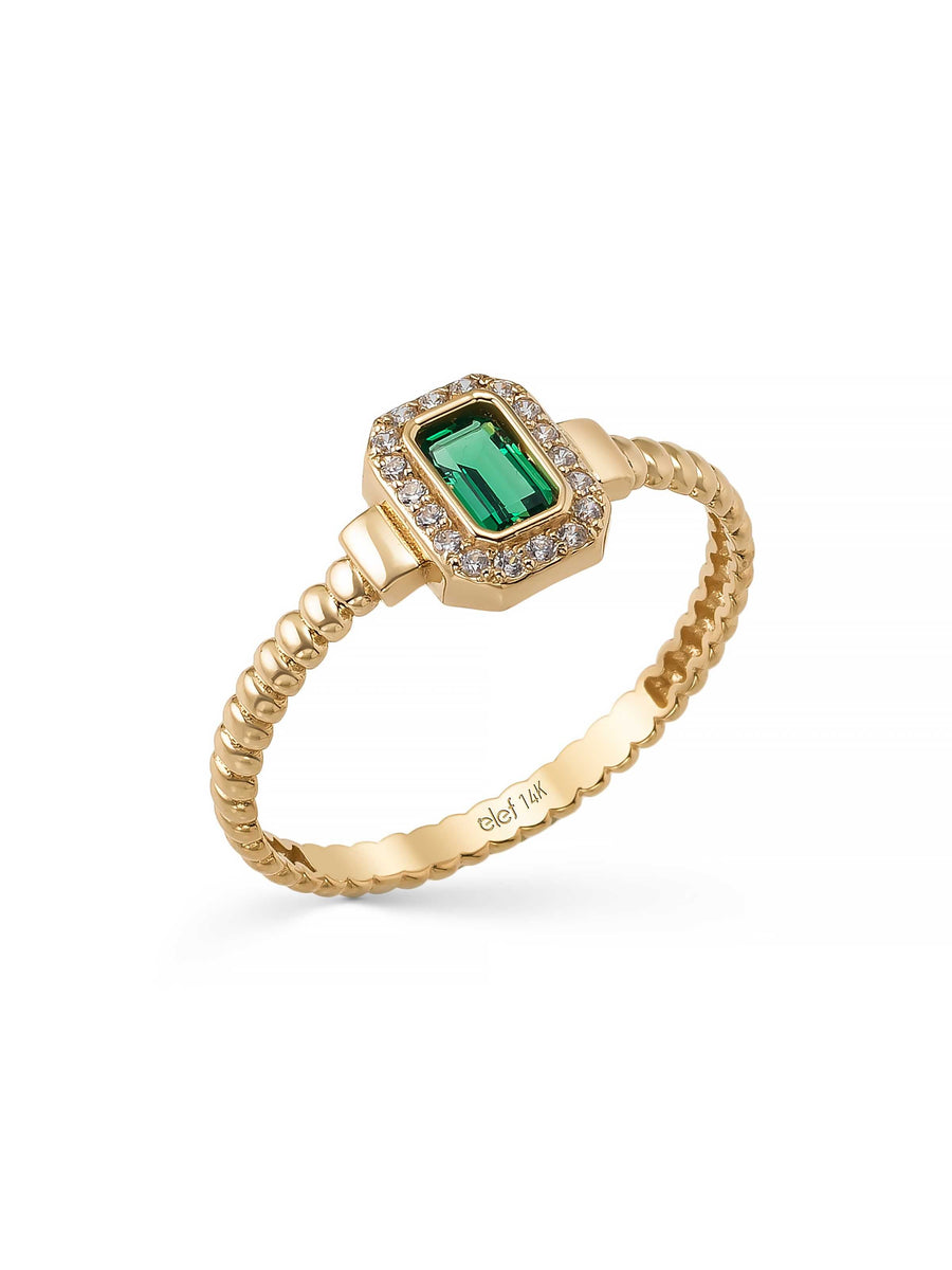 Emerald Green Effect Baguette Halo Ring in 14K Gold
