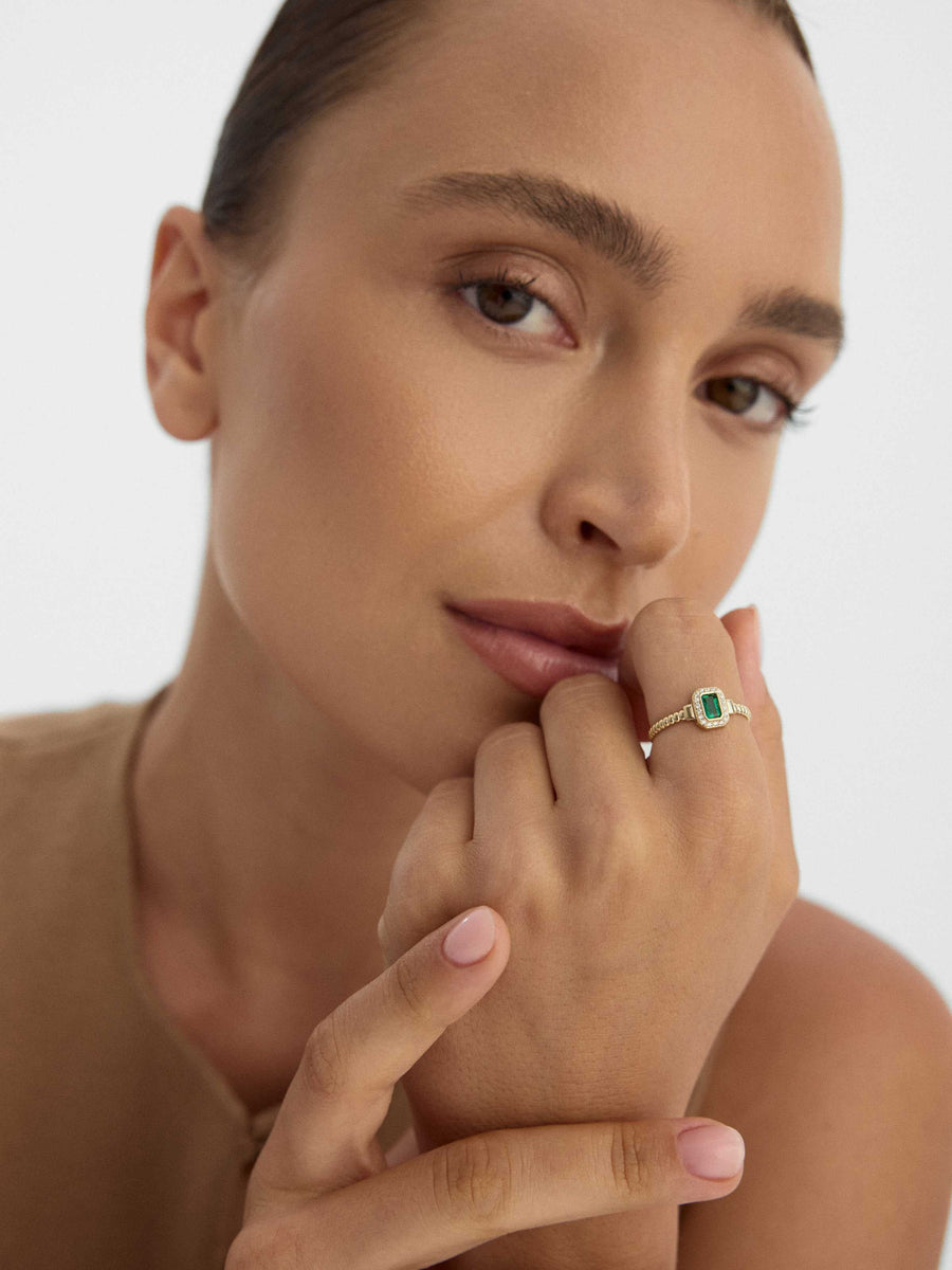 Emerald Green Effect Baguette Halo Ring in 14K Gold