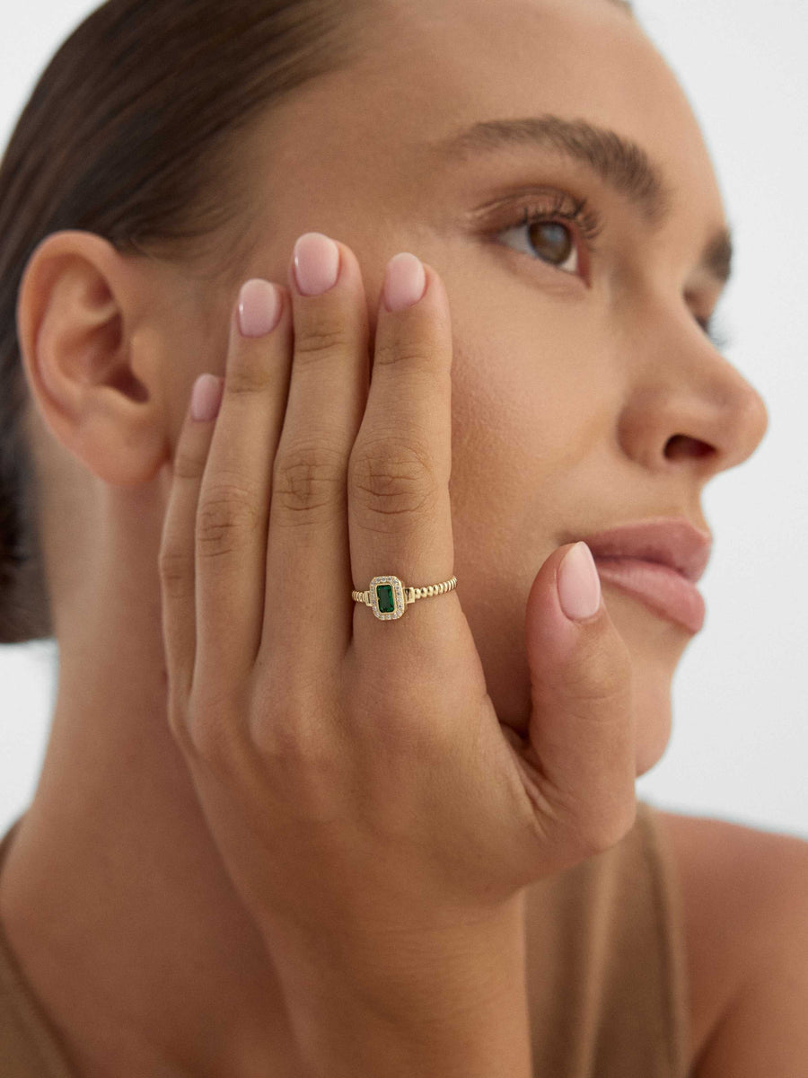 Emerald Green Effect Baguette Halo Ring in 14K Gold