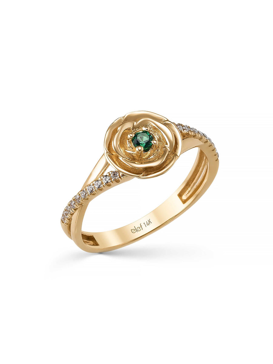 Emerald Green Stone Rose Motif Ring in 14K Gold