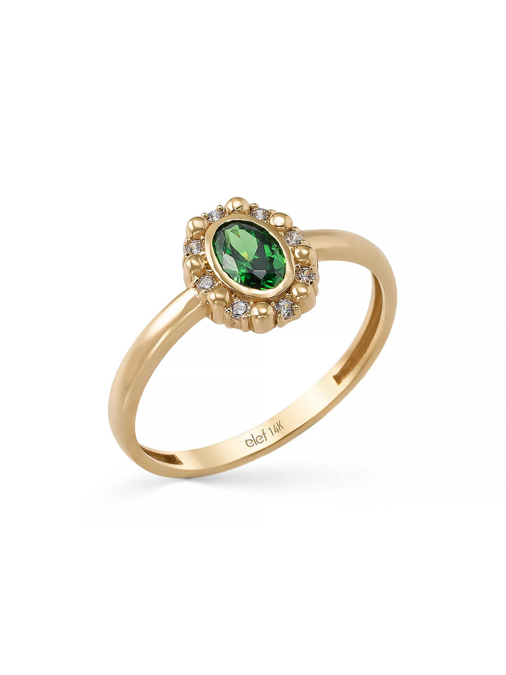 Emerald Green Stone Vintage Halo Ring in 14K Gold by Elef Jewelry