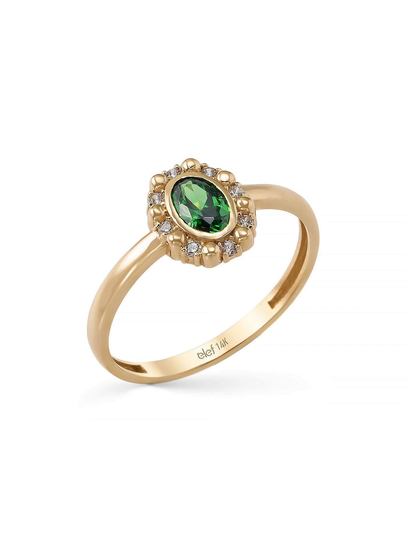 Emerald Green Stone Vintage Halo Ring in 14K Gold by Elef Jewelry