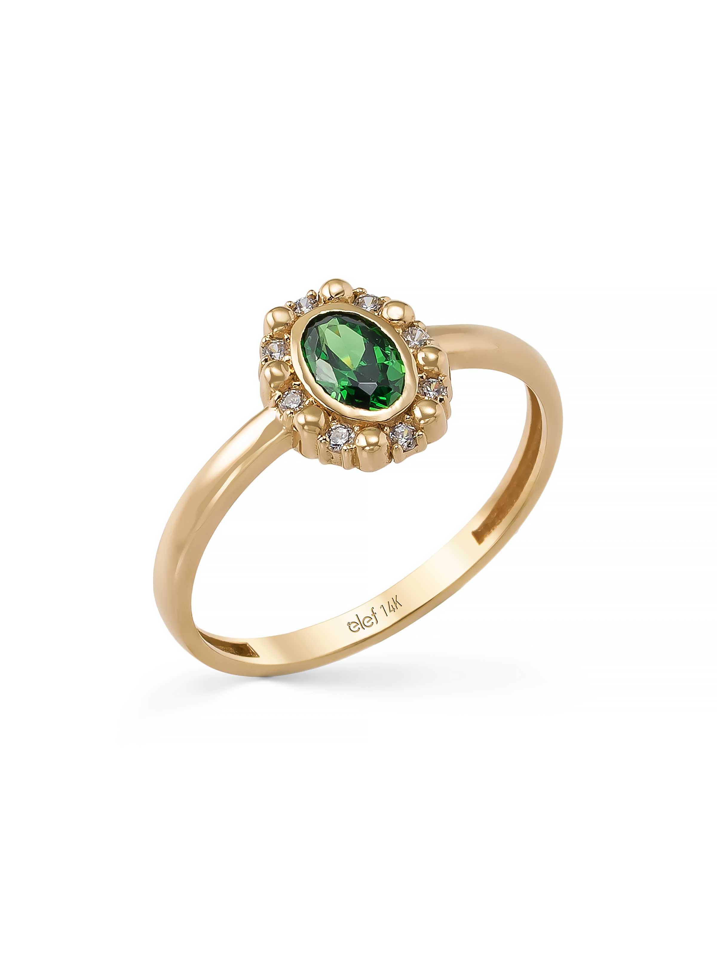Emerald Green Stone Vintage Halo Ring in 14K Gold by Elef Jewelry
