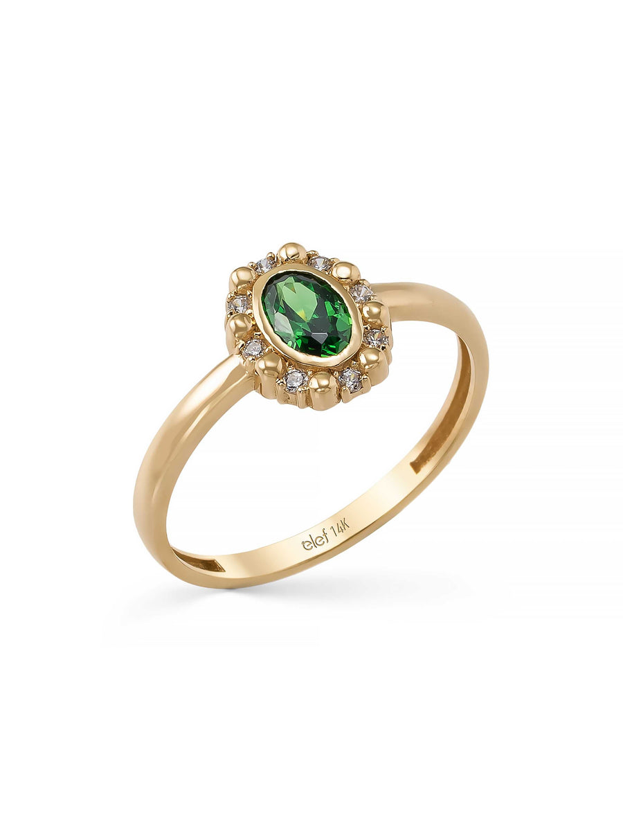 Emerald Green Stone Vintage Halo Ring in 14K Gold