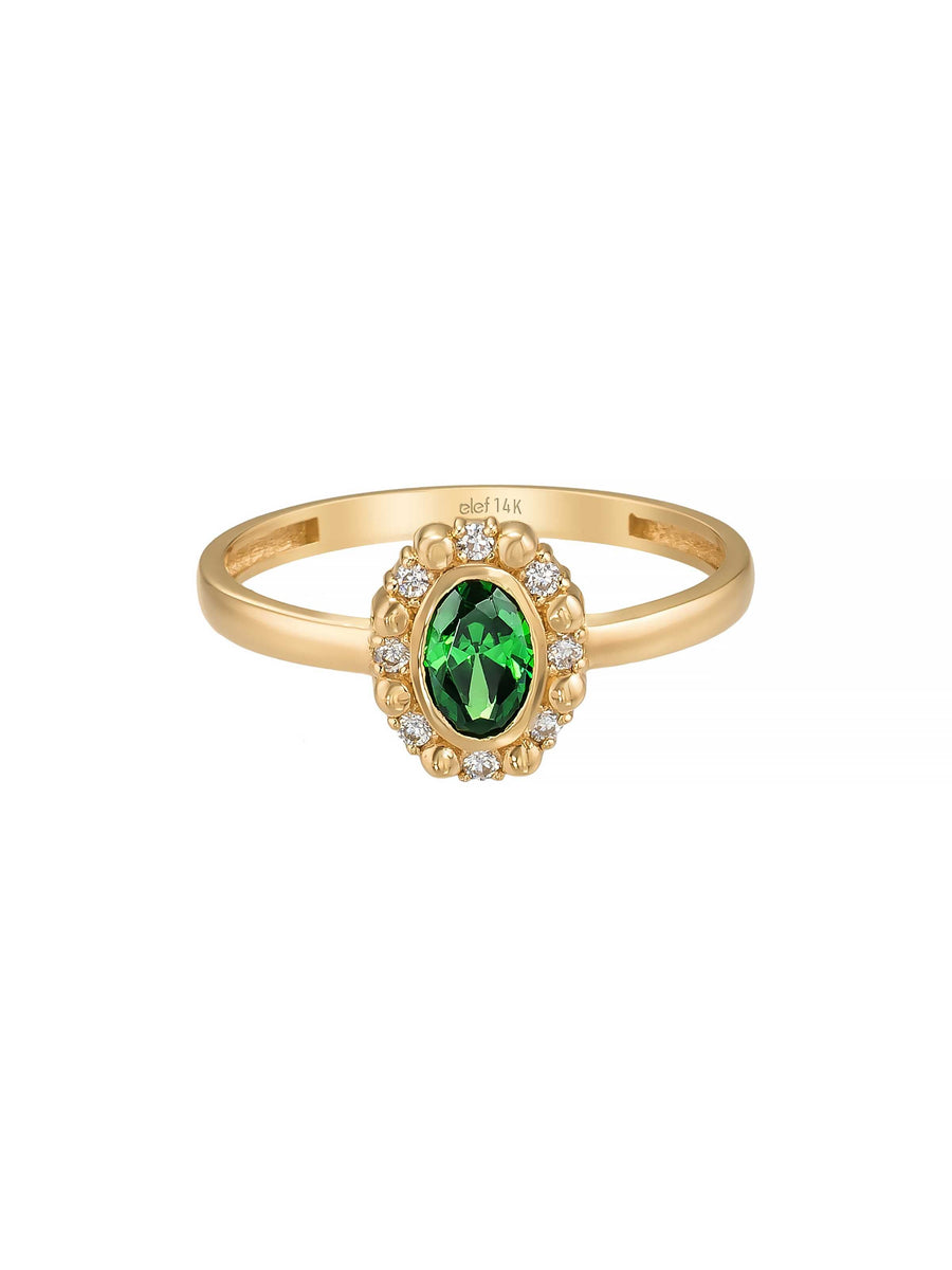 Emerald Green Stone Vintage Halo Ring in 14K Gold