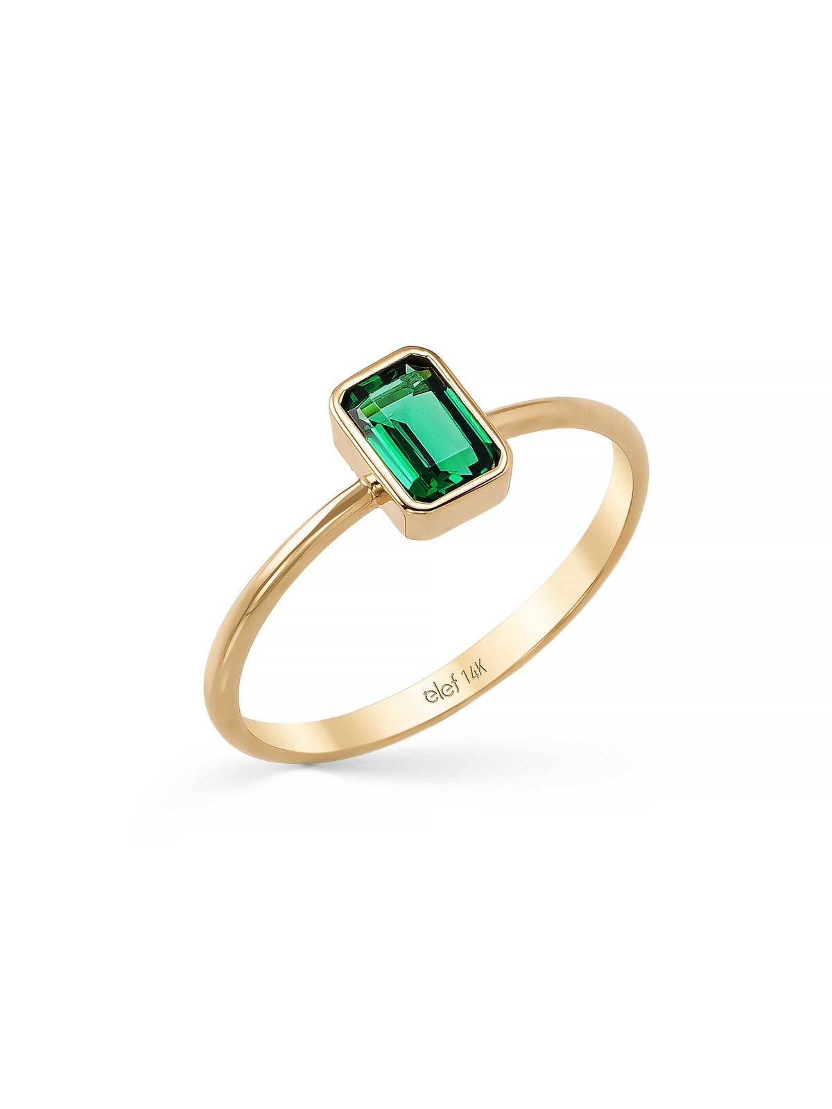 Emerald Green Green Baguette Stone Minimal Ring in 14K Gold by Elef Jewelry